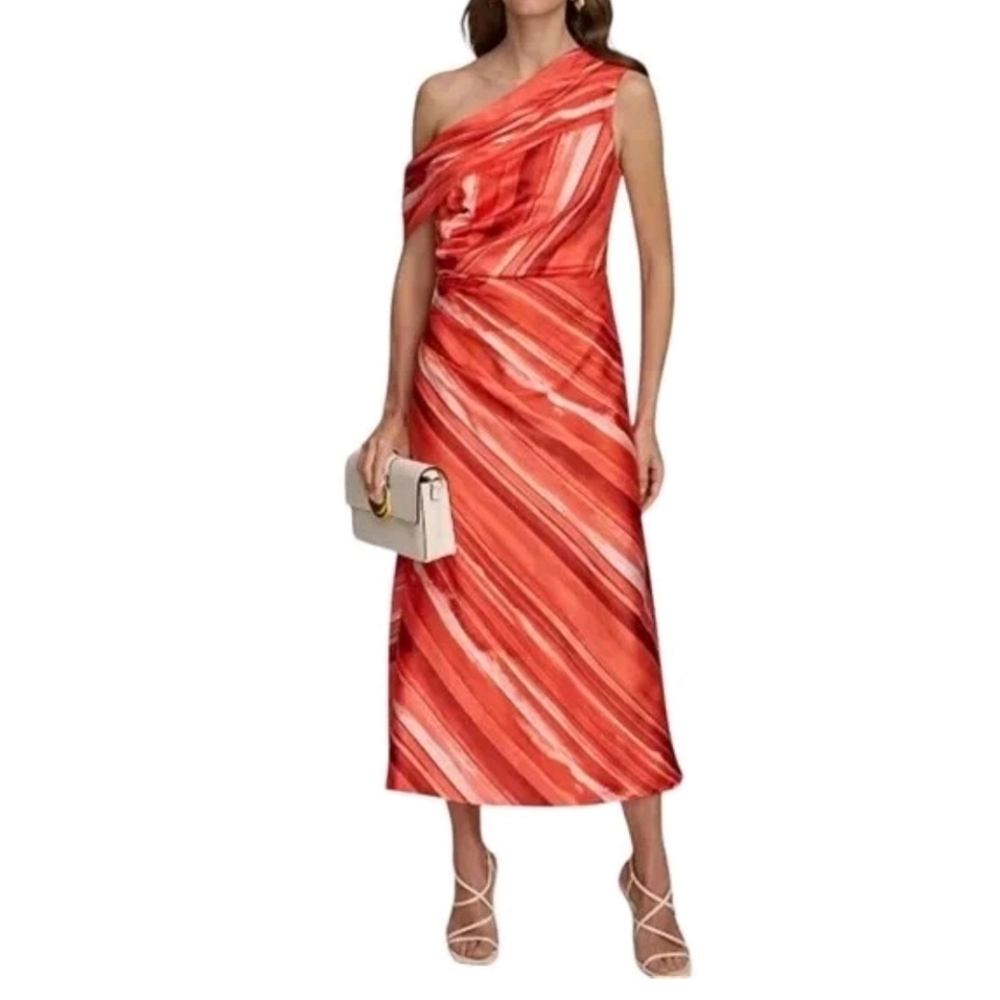 Donna Karan Women Dress Size 12 Orange Striped One Shoulder A Line Midi New